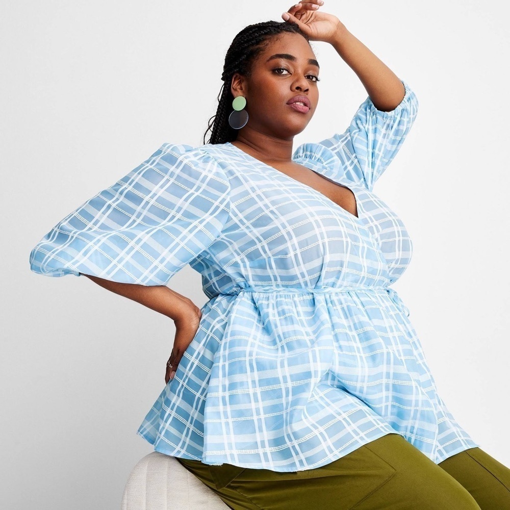Future Collective - Blue Gingham Wrap Babydoll Blouse